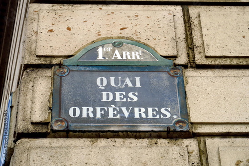 Quai des Orfèvres Paris. France. Plaque de nom de rue..  photo