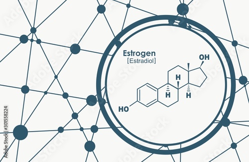 Chemical molecular formula hormone estrogen. Infographics illustration. Connected lines with dots background.