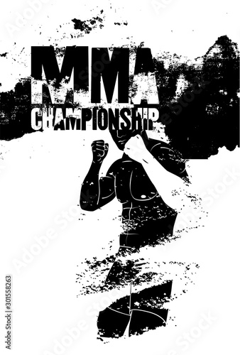 MMA Championship typographical vintage grunge style poster with hand drawn silhouette of mixed martial arts fighter. Fight club concept design template, emblem, label. Retro vector illustration.