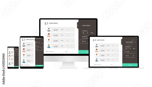 Web Design. Website template for monitor, laptop, tablet, phone. Elements for mobile and web applications. User Interface UI and User Experience UX content organization. landing page, banner.