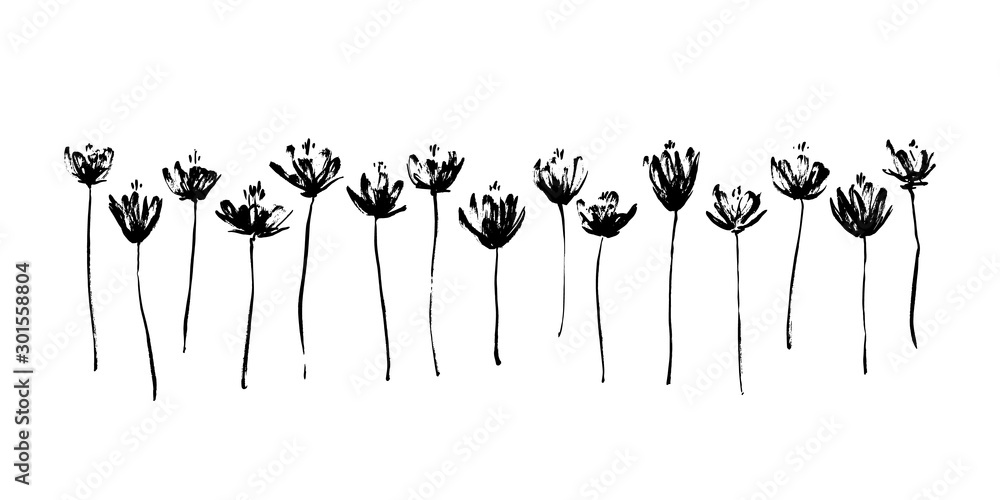 Set of hand drawn abstract modern flowers. Grunge style ink painted elements for design. Black isolated vector on white background Set of hand drawn abstract modern flowers. Grunge style ink painted elements for design. Black isolated vector on white background