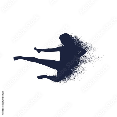 Martial art silhouette of woman in fight karate pose. Young lady icon with trail of particles.