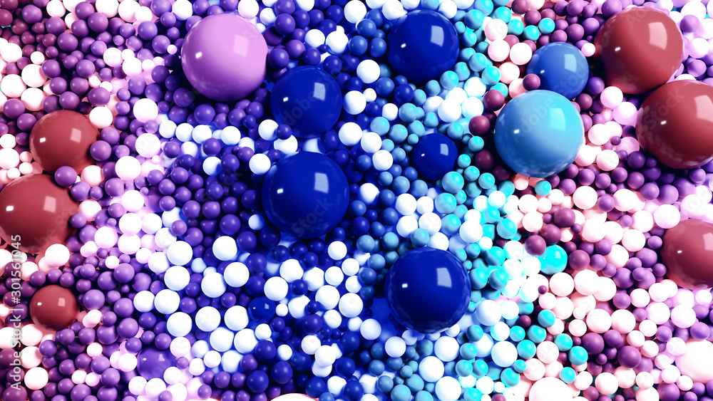 beautiful shiny balls of different colors and sizes completely cover the surface. Some spheres glow. 3d photorealistic render geometric reative holiday background of shiny balls. Multicolored