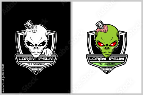 alien with an open brain and a piston vector automotive logo template