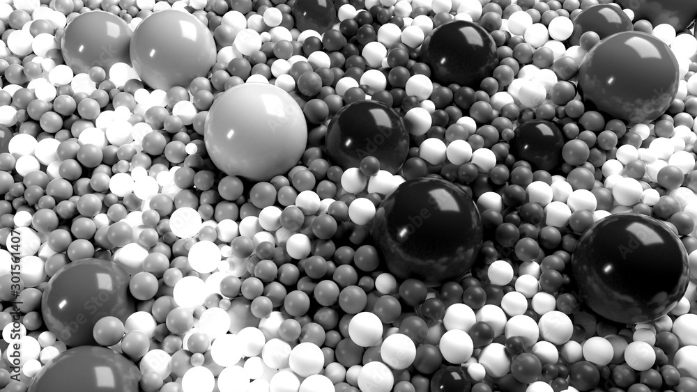 beautiful shiny balls of different colors and sizes completely cover the surface. Some spheres glow. 3d photorealistic render geometric reative holiday background of shiny balls