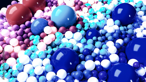 beautiful shiny balls of different colors and sizes completely cover the surface. Some spheres glow. 3d photorealistic render geometric reative holiday background of shiny balls. Multicolored © Green Wind