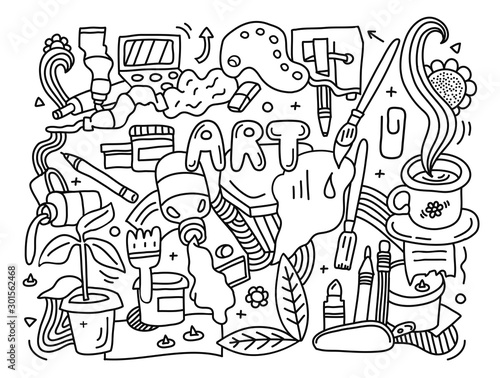 Black and white creative doodle detailed Art background different painting,drawing and crafts equipment