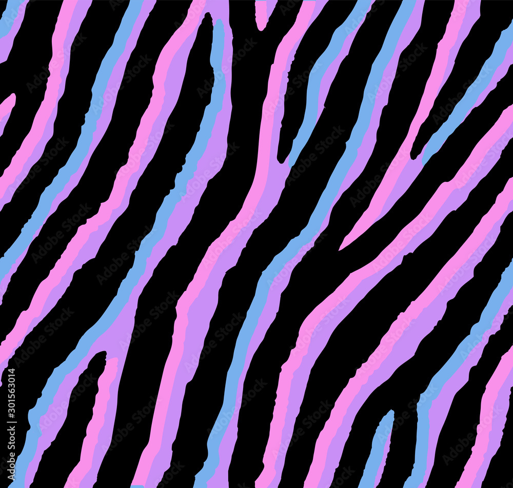 Seamless acid pink and purple zebra pattern 80s 90s style.Fashionable colorful exotic animal print - obrazy, fototapety, plakaty 