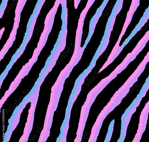 Seamless acid pink and purple zebra pattern 80s 90s style.Fashionable colorful exotic animal print