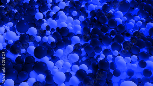 beautiful shiny blue white balls of different colors and sizes completely cover the surface. Some spheres glow. 3d photorealistic render geometric reative holiday background of shiny balls