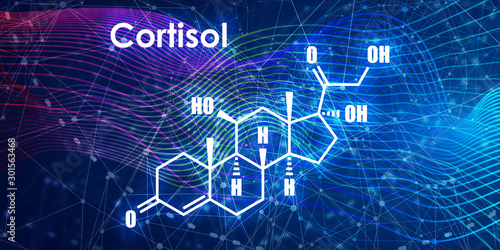 Chemical molecular formula hormone cortisol. Infographics illustration.