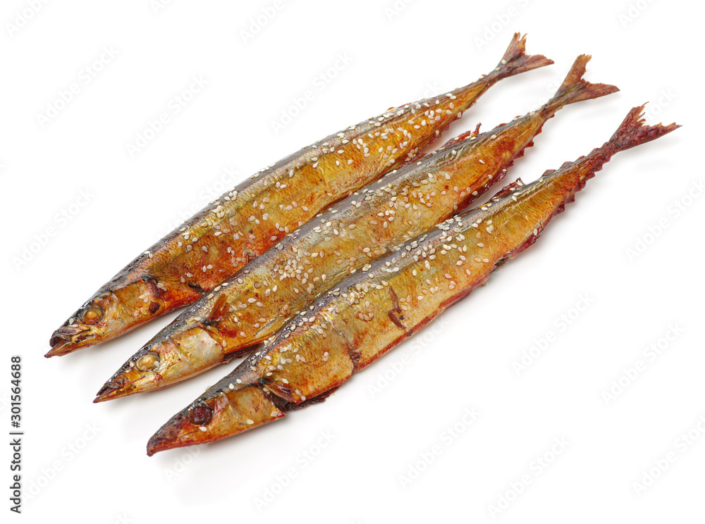 Grilled saury on white background Grilled saury on white background