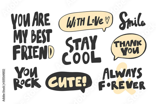 Best, friend, rock, you, stay, cool, always, forever, thank, you, smile, with, love. Vector hand drawn illustration collection set with cartoon lettering. 