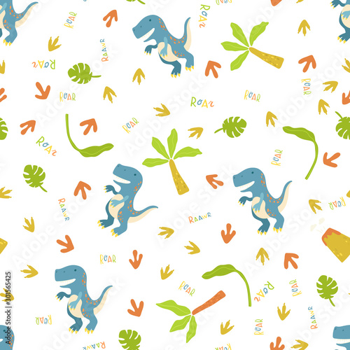 Flat cartoon style dinosaur seamless pattern. Best for kids fashion  children room decoration  kids dino party designs.