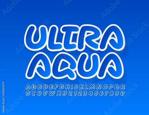 Vector trendy logo Ultra Aqua. Blue and White creative Font. Sticker style Alphabet Letters and NumbersVector trendy logo Ultra Aqua. Blue and WHite creative Font. Sticker style Alphabet Letters and N