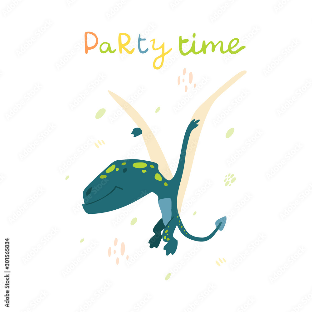 Obraz premium Flat cartoon style cute pterodactyl dinosaur. Vector illustration for card or poster, children room decoration, kids dino party designs, kids fashion. Lettering Party time
