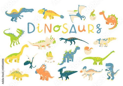 Big vector set of different dinosaurs in flat cartoon style. Best for card or poster  children room decoration  kids dino party designs  kids fashion.