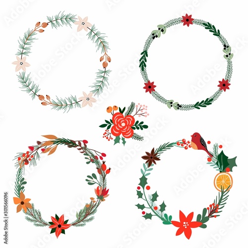 Christmas wreath collection with seasonal plants and flowers
