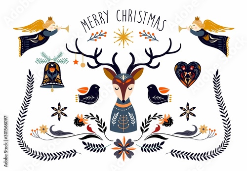 Christmas poster/invitation/greeting card with seasonal elements, scandinavian style