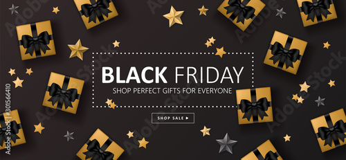 Black Friday sale banner design with gift boxes and stars over black background.