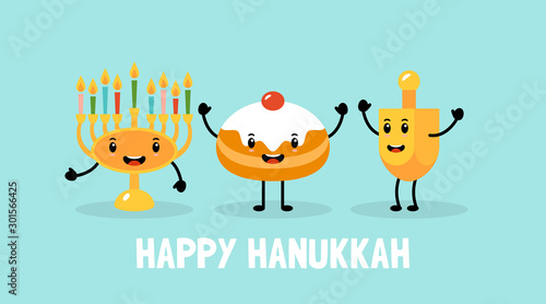 Hanukkah holiday banner design with menorah, traditional doughnuts and dreidel funny cartoon characters.
