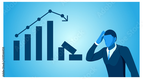vector businessman holding a dizzy head because of the loss and destruction of the report graph. illustration of poor financial condition.