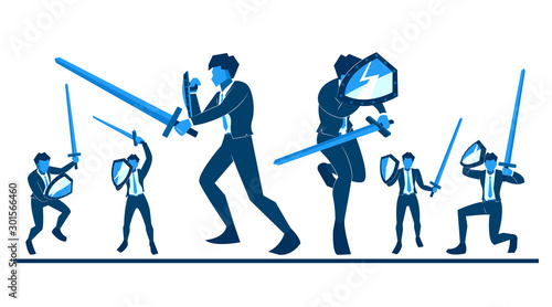 flat character vector entrepreneurs such as soldiers using swords and shields. Complementary business character properties presentations. silhouette design
