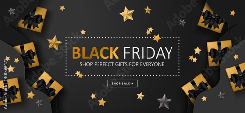 Black Friday sale banner design with gift boxes and stars over black background.