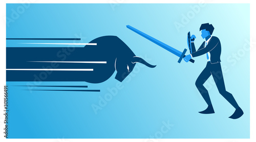 a stock market trader is facing a bull trend against the direction. forex bullish illustration. trader silhouette