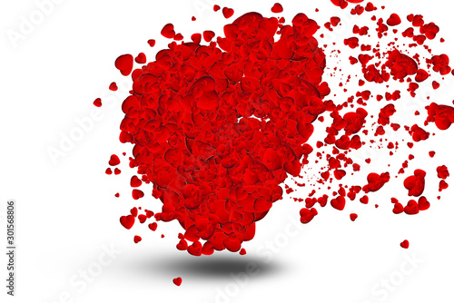 Big red heart made of small hearts is flying on the white background. Small hearts are near the big heart. Happy Valentine's Day