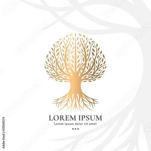 Abstract golden tree logo on a white background. Modern illustration. Isolated vector. Great for emblem, monogram, invitation, flyer, menu, brochure or any desired idea.