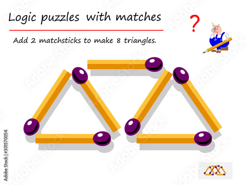 Logical puzzle game with matches for children and adults. Need to add 2 matchsticks to make 8 triangles. Printable page for brain teaser book. IQ training test. Developing spatial thinking skills.