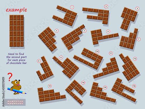 Logical puzzle game for children and adults. Find second part for each piece of chocolate bar. Printable page for brain teaser book. Developing counting and spatial thinking skills. IQ training test. photo