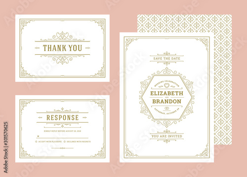 Set wedding invitations flourishes ornaments cards invite with save the date and information design