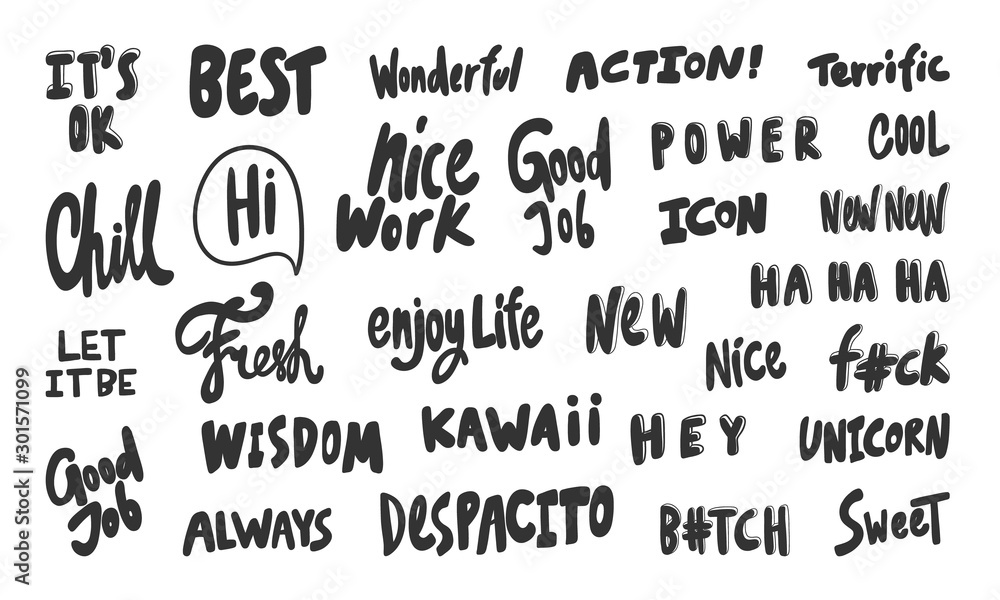 Ok, fresh, hey, wisdom, wow, cool, great, good, nice, work, enjoy, life, hi, best, power. Vector hand drawn illustration collection set with cartoon lettering. 