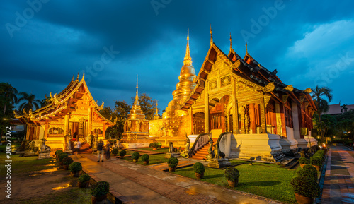 Wat Phra Singh temple at twilight time at Chiang Mai in Thailand.