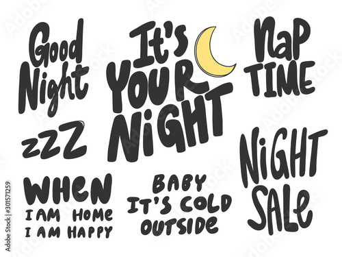 Night, good, sleep, sale, nap, cold, outside. Vector hand drawn illustration collection set with cartoon lettering. 