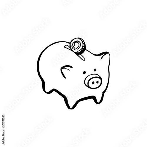 Hand holding a hand drawn vector piggy bank, vector icon.