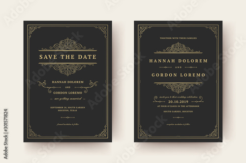 Wedding invitation and save the date cards flourishes ornaments vignette swirls.
