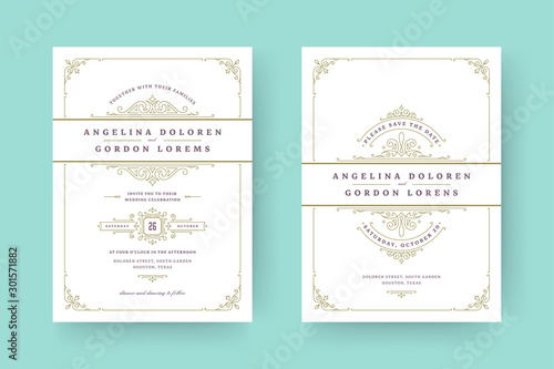 Wedding invitation and save the date cards flourishes ornaments vignette swirls.