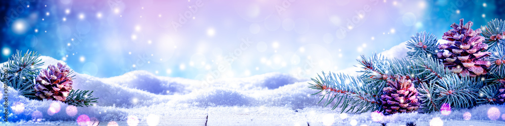 Banner Of Fir Branches And Frosty Pine cones On Snowy Wooden Table ...