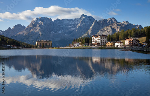 Dolomite Alps. View on the lake Misurina and mountains behind it