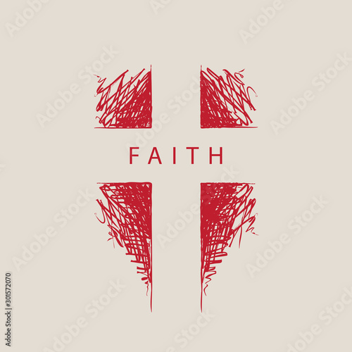 The sign of the abstract hand-drawn cross with the word faith. Religious symbol. Vector illustration. Red pencil drawing