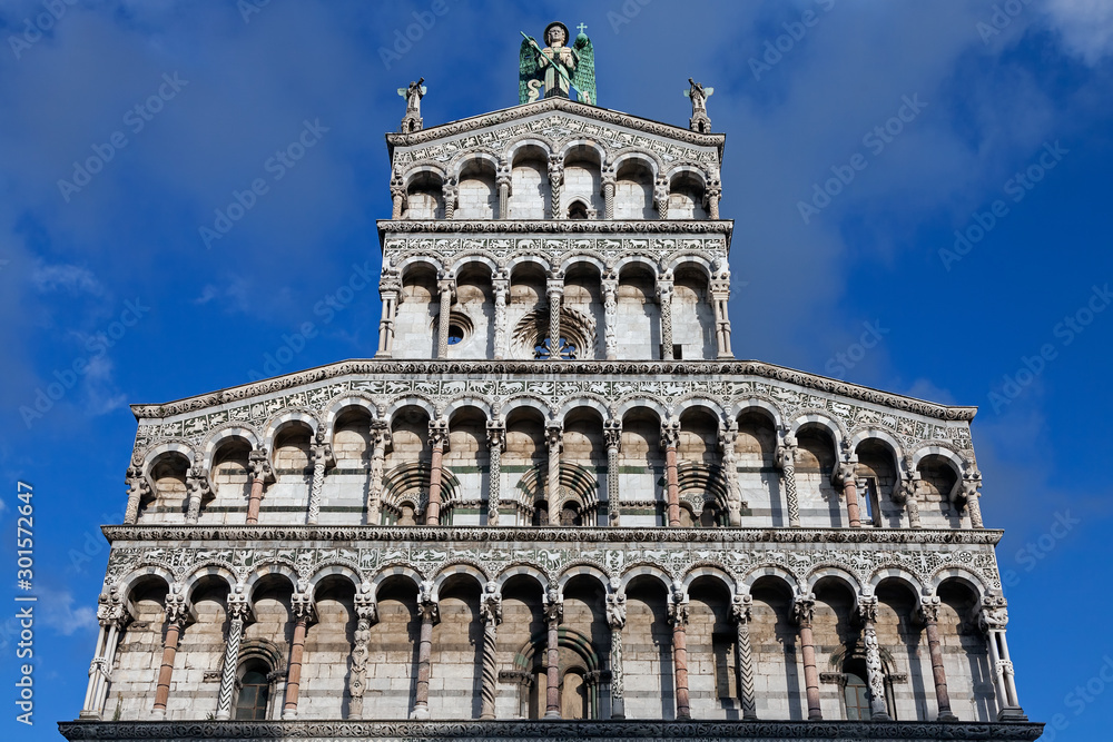 Facade of the Church of San Michele in Foro in Lucca, Italy. 12-14th century AD