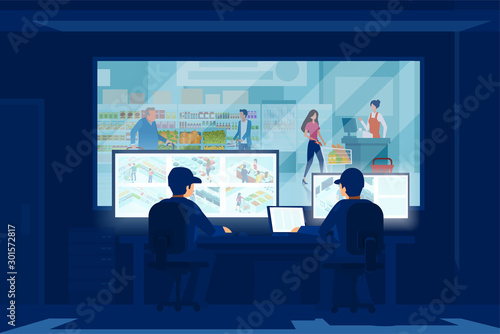Vector of two security men looking at monitors of a surveillance cameras behind the glass window of a supermarket