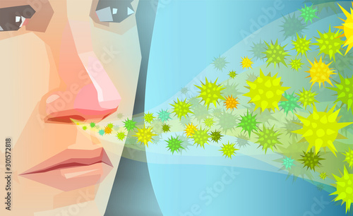 Vector of a woman inhaling pollen, dust hay fever allergens