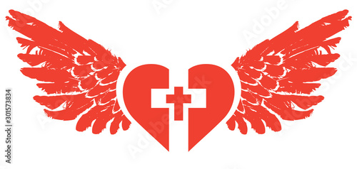The sign of the white christian cross inside the red heart with wings. Love of God, religious symbol. Creative vector illustration.