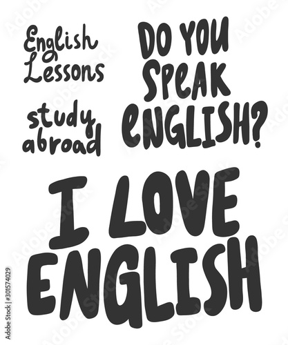 Love, English, speak, abroad, lessons. Vector hand drawn illustration collection set with cartoon lettering. 