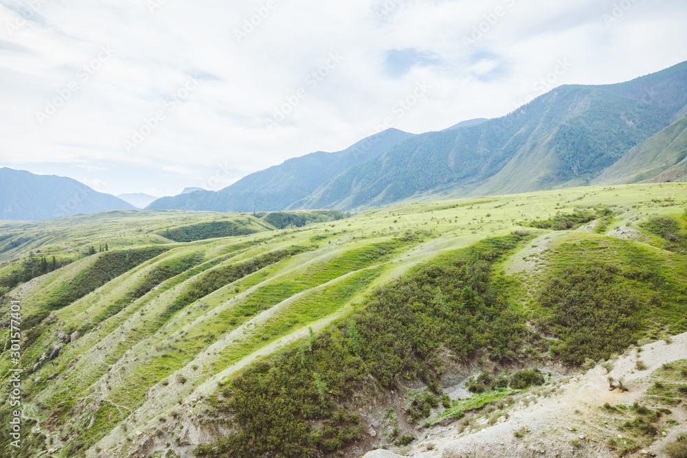 Naklejka premium Green hills landscape with mountains on background
