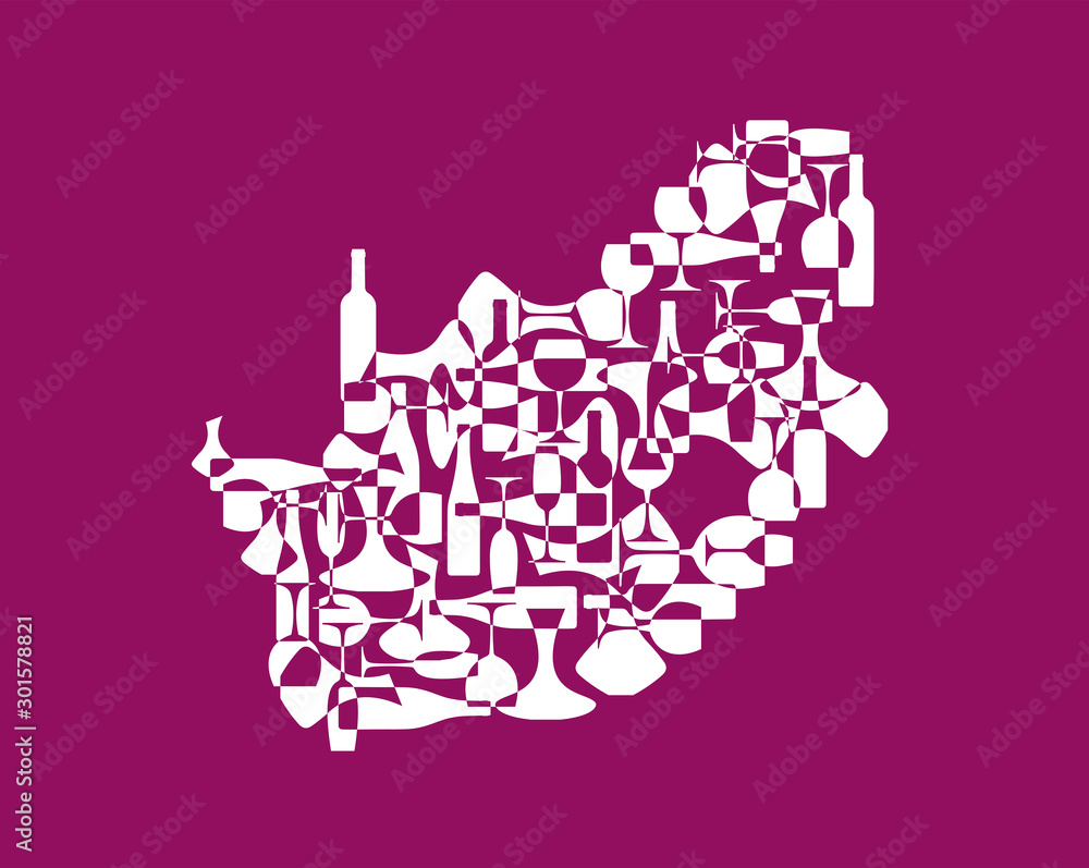 Countries winemakers - stylized maps from silhouettes of wine bottles, glasses and decanters. Map of South Africa.